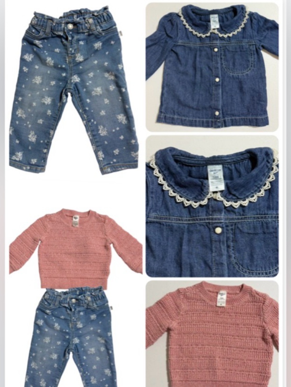 OshKosh B’gosh Baby Girl 12M 3 Piece Bundle Floral Denim Jeans Knit Sweater